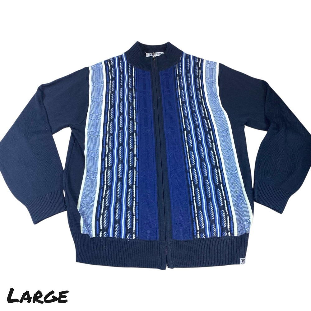 Stacy Adams Sweater Mens‎ LARGE Blue Pullover 3D Textured Full Zip Pullover